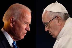 In this Register composite image, Joe Biden (l) speaks during the Women's Leadership Forum Conference on Oct. 17, 2019, in Washington, DC. (Photo by Eric Baradat) (photo: AFP via Getty Images) — Pope Francis leads the Via Crucis (Way of the Cross) torchlight procession on Good Friday at the Colosseum, March 25, 2016, in Rome. (Photo by Filippo Monteforte)