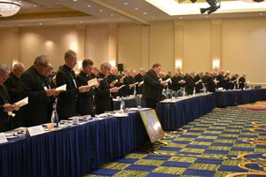 Members of the U.S. Conference of Catholic Bishops pray during their fall 2019 assembly in Baltimore, the last time they met in person.