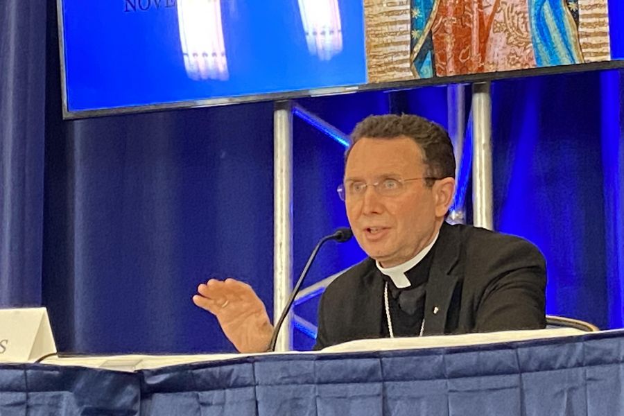 Bishop-designate Andrew Cozzens of Crookston, Minn. speaking Nov. 16 during the United States Conference of Catholic Bishops Fall Assembly in Baltimore.