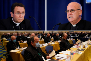 (Clockwise from left) Bishop Andrew Cozzens of  tthe Archdiocese of Saint Paul and Minneapolis attends a news conference at the Fall General Assembly meeting of the United States Conference of Catholic Bishops, Wednesday, Nov. 17, 2021, in Baltimore. Bishop Kevin Rhoades of Fort Wayne-South Bend, Ind., speaks during a news conference. Bishop Manuel Cruz, front left, of Newark, N.J., reads scripture during a morning prayer.