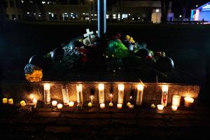 A makeshift memorial is pictured in Cutler Park in Waukesha, Wisconsin on November 22, 2021, the day after a vehicle drove through a Christmas parade killing five people.