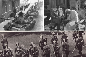 Clockwise L-R: T-55A on the streets during Martial law in Poland. President Ronald Reagan with Pope John Paul II. ZOMO squads with police batons preparing to disperse and beat protesters. Clockwise L-R: T-55A on the streets during Martial law in Poland. President Ronald Reagan with Pope John Paul II. ZOMO squads with police batons preparing to disperse and beat protesters.