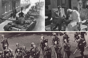 Clockwise L-R: T-55A on the streets during Martial law in Poland. President Ronald Reagan with Pope John Paul II. ZOMO squads with police batons preparing to disperse and beat protesters.