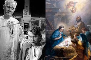 LEFT: Henry Travers plays Clarence, the guardian angel of Jimmy Stewart’s George Bailey, in ‘It’s a Wonderful Life.’ RIGHT: Charles-André van Loo, “The Angels Adore,” 1751.