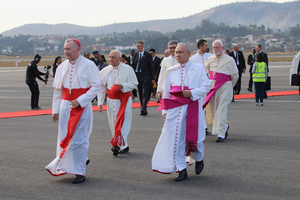 Vatican Secretary of State Cardinal Pietro Parolin, and his deputy, sostituto Archbishop Edgar Peña Parra shown in Mozambique in 2019. Both have tested positive for the coronavirus. Cardinal Fernando Filoni also pictured in the center. Vatican Secretary of State Cardinal Pietro Parolin, and his deputy, sostituto Archbishop Edgar Peña Parra shown in Mozambique in 2019. Both have tested positive for the coronavirus. Cardinal Fernando Filoni also pictured in the center.