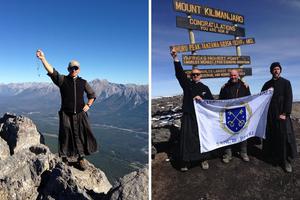 Above left: Father Antony Sumich, of the Priestly Fraternity of St. Peter, is seen in a trompe l’oeil or ‘fool the eye’ pose in the Canadian Rockies. Despite appearances, he is not about to fall. Above right: ‘Sumich at the Summit’; L to R: Father Sumich stands at the zenith of Mount Kilimanjaro. Also pictured ‘on top of the world’ are layman Brent Boutwell and Father Gregory Bartholomew, also of the Priestly Fraternity of St. Peter.