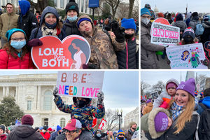 Clockwise from top left: The Bogdan family attends the March for Life 2022. Mary Rose Somarriba and her daughter Inez hold pro-life signs; medical student Katherine Michael smiles with her two daughters, who are part of the ‘pro-life generation,’ and Gabriel Somaribba and son Vinny proclaim what babies need. Clockwise from top left: The Bogdan family attends the March for Life 2022. Mary Rose Somarriba and her daughter Inez hold pro-life signs; medical student Katherine Michael smiles with her two daughters, who are part of the ‘pro-life generation,’ and Gabriel Somaribba and son Vinny proclaim what babies need.