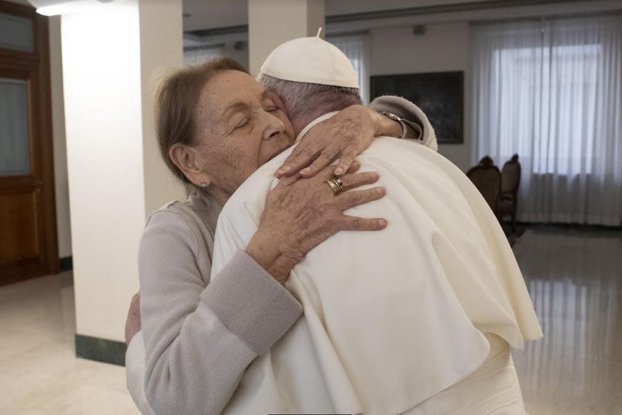 Pope Francis meets with Holocaust survivor Edith Bruck at the Vatican’s Casa Santa Marta, Jan. 27, 2022.