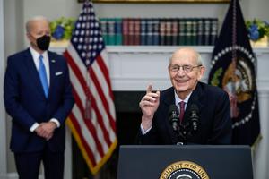 President Joe Biden looks on as U.S. Supreme Court Associate Justice Stephen Breyer speaks about his coming retirement in the Roosevelt Room of the White House on January 27, 2022 in Washington, DC.