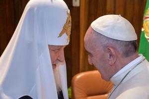 Pope Francis and Patriarch Kirill, the leader of the Russian Orthodox Church, greet each other during a historic meeting in Havana on Feb. 12, 2016.