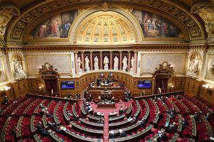 French Prime Minister Jean Castex speaks at the French Senate in Paris on Feb. 23, the same day the abortion vote took place.