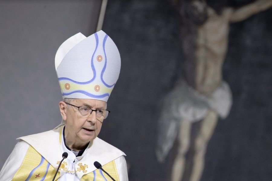 Polish Archbishop Stanisław Gądecki condemned Russia's 'shameful acts of barbarism' in a Feb. 24 statement. He is shown above leading morning prayer at the International Eucharistic Congress in Budapest, Hungary, Sept. 8, 2021.