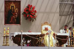 Pope John Paul II offers Mass at the Chaika airfield on June 24, 2001, on the outskirts of Kyiv, Ukraine.