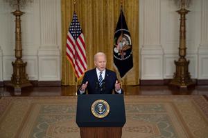 U.S. President Joe Biden makes a statement from the East Room of the White House on Feb. 24 about the Russian invasion of Ukraine.