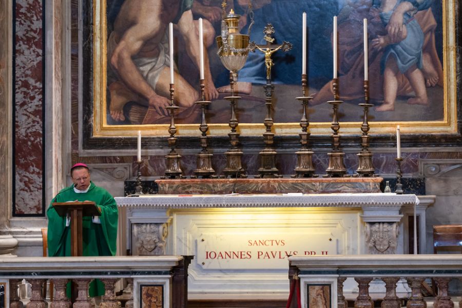 Archbishop Grzegorz Ryś of Łódź, Poland, celebrates Mass at St. John Paul II’s tomb in St. Peter’s Basilica on Feb. 24.