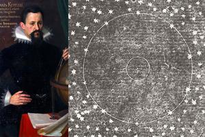 LEFT: “Portrait of Johannes Kepler,” 1620. RIGHT: Diagram of the universe of stars from Johannes Kepler’s ‘Epitome of Copernican Astronomy,’ showing a small sun (the dot at the center) surrounded by large stars.