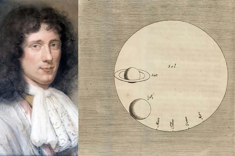 LEFT: Bernard Vaillant, “Portrait of Christiaan Huygens,” 1686. RIGHT: Sizes of planets and sun, from the 1698 ‘Cosmotheoros’ of Christiaan Huygens.