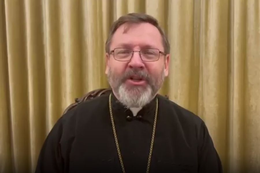 Major Archbishop Sviatoslav Shevchuk records a video message on Feb. 27.