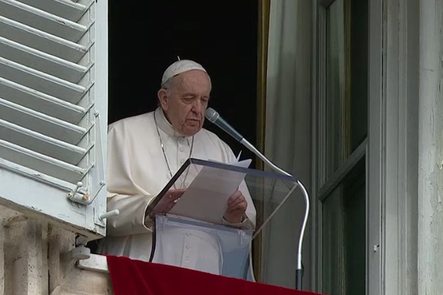 Pope Francis delivers his Angelus address at the Vatican on Feb. 27.