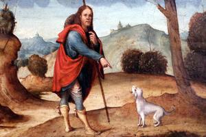 St. Roch, depicted here in a painting from the school of Francesco Francia (1447–1517), has been invoked for centuries as the patron saint of pet dogs.