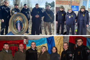 (Clockwise from Left) Taken at the end of January during a prayer for the consecration of the village of Shirokine near Mariupol, where fierce fighting took place in 2014-2015, and now completely destroyed and uninhabited. Participants are CRS founder Andriy Olenchyk, General of the Order of the Knights of St. John Paul II Krzysztof Wonsowski, CRS Military Chaplain Corps Priest and National Chaplain of the Ukrainian Province of Oleksandr, Coordinator of CRS-Warsaw and Ukrainian provincial General Chapter of the Order of the Knights of St. John Paul II, Volodymyr Korchynsky, head of CRS-Mariupol and Grand Knight of the local banner General Chapter of the Order of the Knights of St. John Paul II, Volodymyr Zavadsky. Taken at the frontline village of Pionerske's children's center "Ark of Peace", launched by missionaries of the Christian Rescue Service unit including CRS founder Andriy Olenchyk, General of the Order of the Knights of St. John Paul II Krzysztof Wonsowski, CRS Military Chaplain Corps Priest and National Chaplain of the Ukrainian Province of Oleksandr. Roman Catholic parish of Christ the King of the Universe in Khmelnytsky, February 23. Participants are representatives of the leadership teams of CRS. The subject of the meeting was the launch of the process of deploying a network of crisis humanitarian centers based on parishes and church communities.