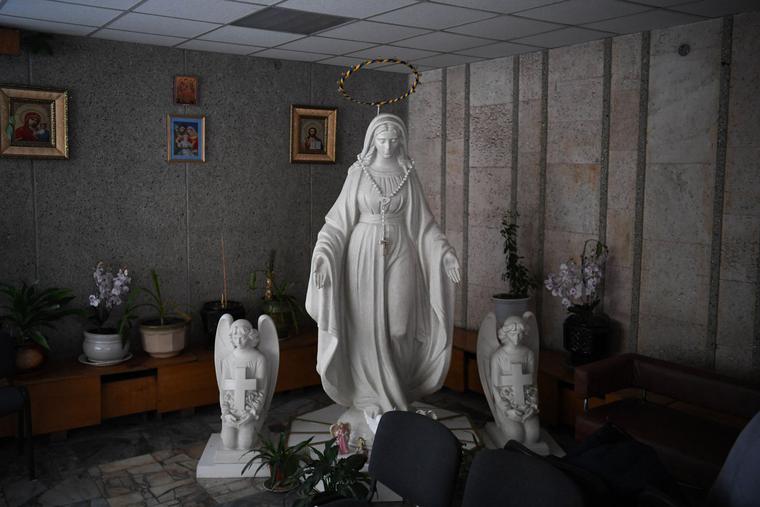 A statue of the Virgin Mary is seen in a military hospital in Lviv on March 1.