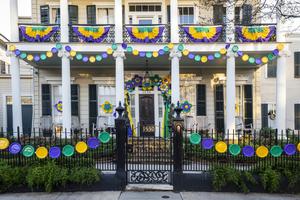 A house is decorated with purple, green and gold on February 7, 2021 in New Orleans, Louisiana.