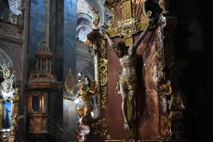 A statue of Christ on the Cross at the Saints Peter and Paul Garrison Ukrainian Greek-Catholic Church in Lviv on March 2, 2022.