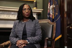 Supreme Court nominee Ketanji Brown Jackson poses for a photo in the office of U.S. Sen. Mike Lee, R-Utah,  before a meeting on Capitol Hill March 9.