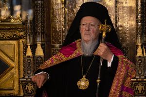 Ecumenical Patriarch of Constantinople Bartholomew I, shown leading a service with at the Patriarchal Church of St. George in Istanbul on March 6, has said that Russia’s attack on Ukraine is a ‘violation of human rights.’