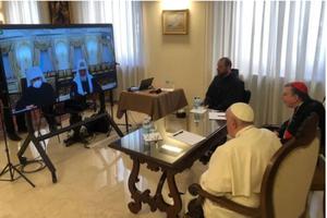 Pope Francis takes part in a video call with Patriarch Kirill on March 16.