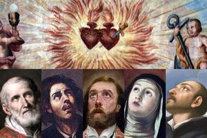 Top: “Sacred Heart and Immaculate Heart,” Spitalkirche Heilig Geist, 1719. Bottom, L to R: St. Philip Neri (Sebastiano Conca); St. Isidore the Farmer (Esteban March); St. Francis Xavier (Joaquín Sorolla); St. Teresa of Avila (Antonio Palomino); St. Ignatius of Loyola (Domenichino)
