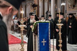 Archbishop Ieronymos II (c), Archbishop of Athens and All Greece, leads Greek Orthodox faithful in a special Akathist prayer service July 24, 2020, in response to Turkey’s decision to designate the former Church of Hagia Sophia in Istanbul as a mosque. The same service had been held in Hagia Sophia during the siege of Constantinople in 1453. Archbishop Ieronymos II (c), Archbishop of Athens and All Greece, leads Greek Orthodox faithful in a special Akathist prayer service July 24, 2020, in response to Turkey’s decision to designate the former Church of Hagia Sophia in Istanbul as a mosque. The same service had been held in Hagia Sophia during the siege of Constantinople in 1453.