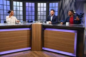 Politically conservative internet celebrity Dave Rubin (c) is flanked by Candace Owens (l) and Rob Smith on the set of the talk show 'Candace' Nov. 15 in Nashville, Tennessee. Politically conservative internet celebrity Dave Rubin (c) is flanked by Candace Owens (l) and Rob Smith on the set of the talk show 'Candace' Nov. 15 in Nashville, Tennessee.
