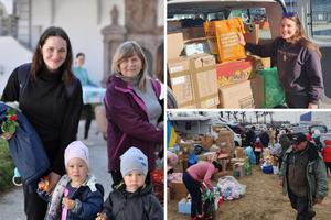 Clockwise from left: A refugee mother and two children from Ukraine arrive at Franciscan University’s Austrian campus on March 27. Mary Krolicki, residence director at Franciscan University’s Austrian campus, helped gather supplies delivered to a refugee center in Poland. This refugee camp near the Poland-Ukraine border is where staff from Franciscan University delivered supplies.