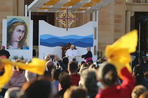 Pope Francis addresses the crowd gathered outside the Basilica of the National Shrine of the Blessed Virgin of Ta’ Pinu on the Maltese island of Gozo on April 2.