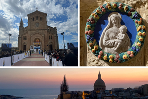 (Clockwise from L-R)  Basilica of the National Shrine of the Blessed Virgin of Ta’ Pinu on the island of Gozo. Sculptured wall showing the Blessed Mother holding the baby Jesus. Evening shot of Valletta, Malta.