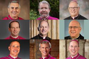 TOP (L to R): Bishops Ronald Gainer, Liam Cary and Thomas Tobin. MIDDLE: Bishops Michael Burbidge and Thomas Paprocki; Archbishop Joseph Naumann. BOTTOM: Bishops Joseph Coffey, Joseph Strickland and Timothy Freyer. TOP (L to R): Bishops Ronald Gainer, Liam Cary and Thomas Tobin. MIDDLE: Bishops Michael Burbidge and Thomas Paprocki; Archbishop Joseph Naumann. BOTTOM: Bishops Joseph Coffey, Joseph Strickland and Timothy Freyer.