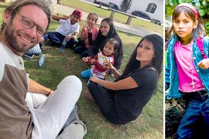 In the photo on the left, Luke Armstrong (l) sits with 21-year-old Carmen (r) and her two siblings and two nieces. In the photo on the right, Carmen is pictured at 8 years old.