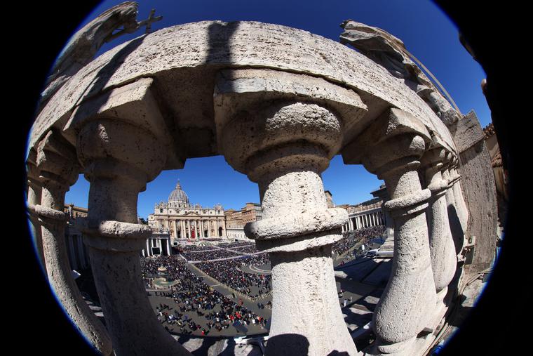 A fish-eye lens view of St. Peter's Square during Pope Francis' Sunday Palm Mass on April 10. The Vatican continues to be a bustle of activity, from the administrative and instructional to the diplomatic and humanitarian.