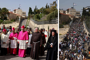 The Latin Patriarch of Jerusalem Pierbattista Pizzaballa takes part in the traditional Catholic Palm Sunday procession with pilgrims following from Mount of Olives to Jerusalem's Old City, on April 10, 2022.