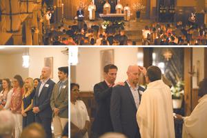 Joseph Holmstrom, shown bottom left, in center, and being confirmed, entered the Catholic Church at St. Brigid’s Catholic Church in San Diego at the 2018
Easter vigil that was aglow in candlelight as part of the Liturgy of Light.
