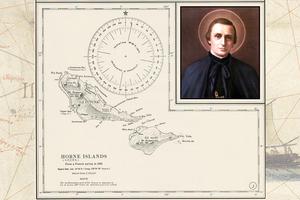 St. Peter Chanel, with a 1951 U.S. nautical chart of the Horne Islands (including Futuna) superimposed on the 1622 map of the Pacific by Hessel Gerritsz. St. Peter Chanel, with a 1951 U.S. nautical chart of the Horne Islands (including Futuna) superimposed on the 1622 map of the Pacific by Hessel Gerritsz.