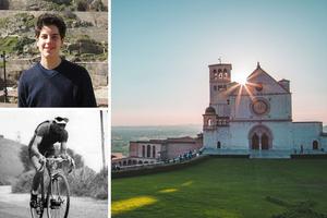 The Basilica of St. Francis of Assisi rises high above Assisi, Italy, and is the burial place of Blessed Carlo Acutis (top left) and where Catholic cyclist Gino Bartali (bottom left) helped with local efforts to save all the Jewish inhabitants of the Umbrian city during World War II.