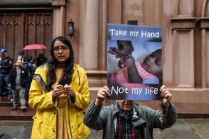 Pro-lifers give prayerful witness outside of the Basilica of St. Patrick’s Old Cathedral as pro-abortion activists gathered May 7 in New York City.