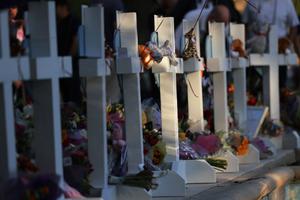 Memorials for victims of Tuesday's mass shooting at a Texas elementary school, in City of Uvalde Town Square on May 26, 2022 in Uvalde, Texas.