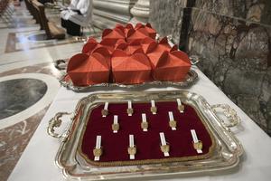 Birettas and rings for new cardinals are displayed in St. Peter's Basilica on Nov. 28, 2020.