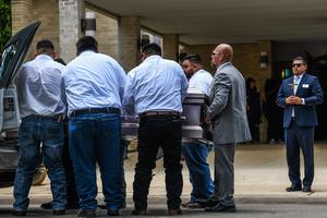 Outside of Sacred Heart Catholic Church in Uvalde, Texas, pallbearers hold the casket of Amerie Jo Garza, who died in the mass shooting at Robb Elementary School, Garza’s funeral Mass was held at Sacred Heart on May 31.