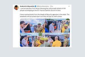 The governor of Ondo state, Arakunrin Akeredolu, arrives at St. Francis Catholic Church in the town of Owo, Nigeria, that was attacked on Pentecost.