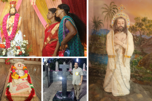 (Clockwise from left) Devotees take a photo at the martyrdom shrine of St Devaashayam. Portrait of Devashayam under glass  at his baptism church at Vattankuliam. Devotees have written their names on the glass for prayers. Anto Akkara poses for a photo at  St. Devasahayam's martrydom spot. Relaid tomb of St. Devashayam on his canonization at St. Francis Xavier Cathedral in Kotar